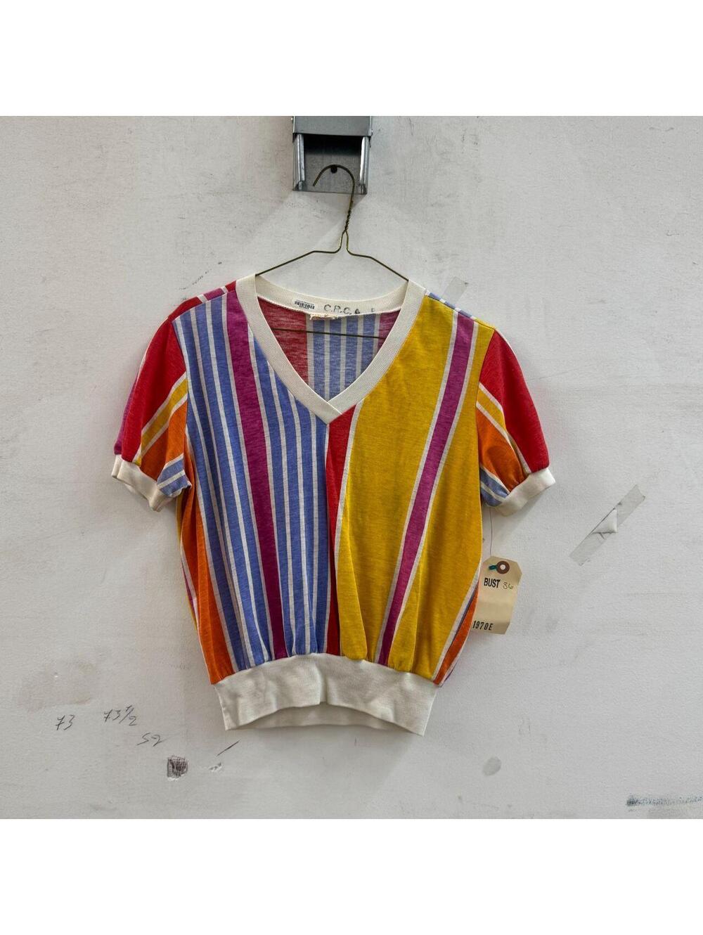 Vintage 1970s Rainbow Stripe V-Neck Banded Waist Baby Tee